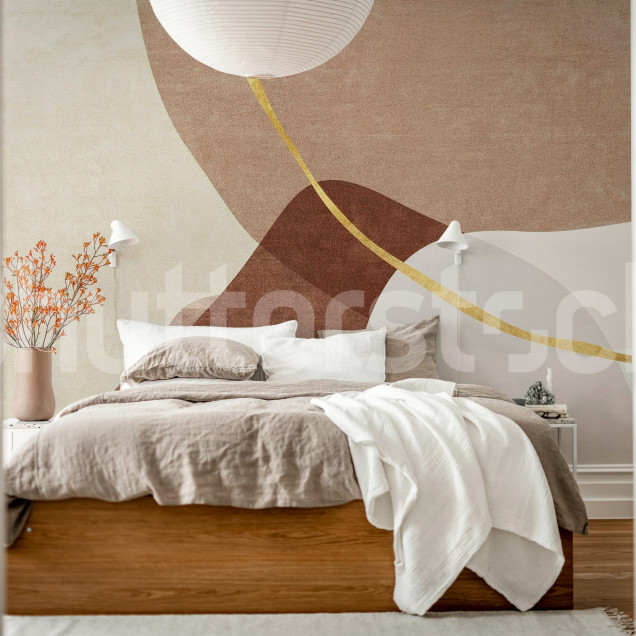 Fototapet cu linii aurii și forme abstracte într-un interior modern