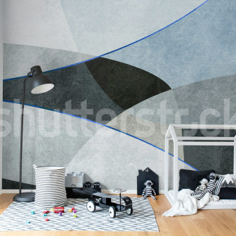 Tapet cu forme abstracte albastre și gri într-o cameră de copii modernă