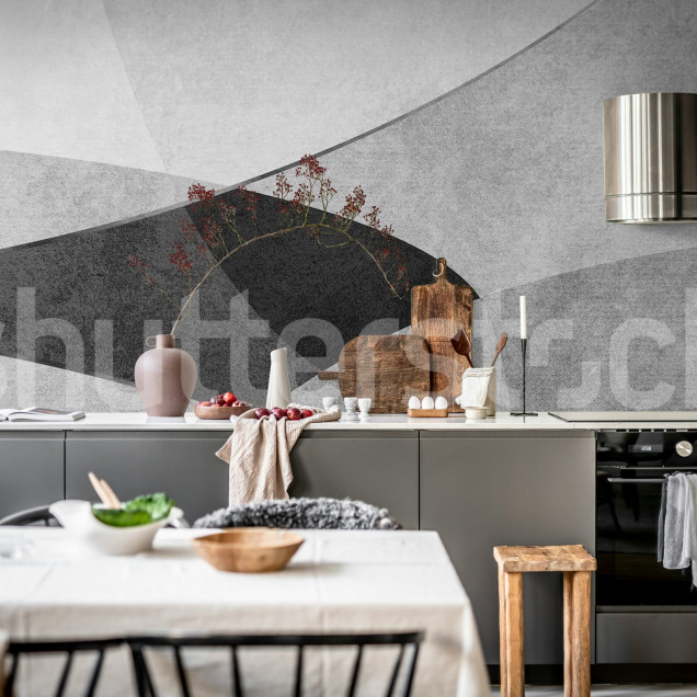 Tapet cu forme geometrice în gri, living modern