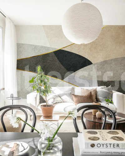 Fototapet bej cu forme geometrice într-un living modern