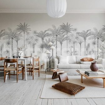 Tapet cu palmieri gri într-un living modern