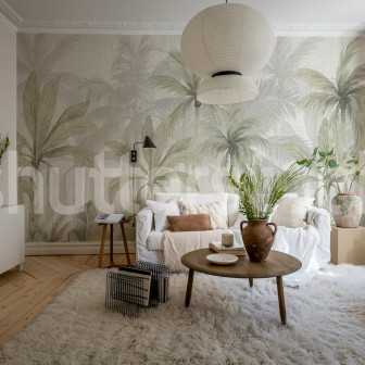 Tapet cu model jungle canvas în nuanțe de verde într-un living modern