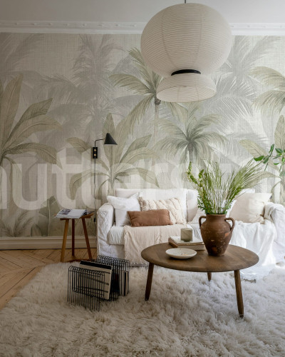 Tapet cu model jungle canvas în nuanțe de verde într-un living modern