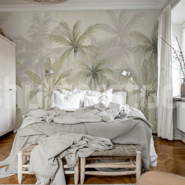 Tapet cu model jungle canvas în nuanțe de verde într-un living modern