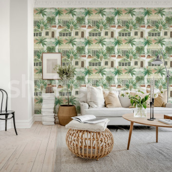 Tapet cu design tropical cu palmieri și case