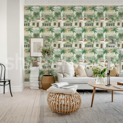 Tapet cu design tropical cu palmieri și case