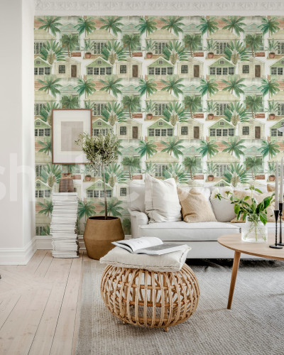 Tapet cu design tropical cu palmieri și case