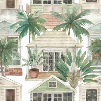 Tapet cu design tropical cu palmieri și case