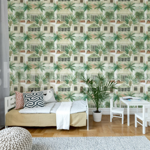 Tapet cu design tropical cu palmieri și case