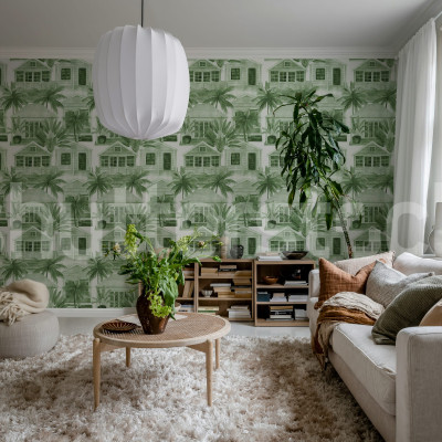 Tapet verde cu design tropical într-un living modern