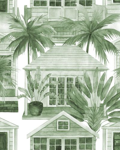 Tapet verde cu design tropical într-un living modern