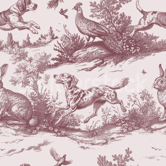 Tapet cu motive rustice în nuanțe de roșu Cambridge, ilustrând animale și peisaje rurale