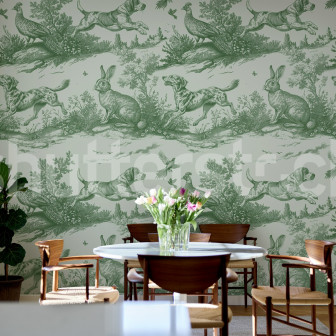 Tapet cu design rural verde Richmond, cu câini și iepuri