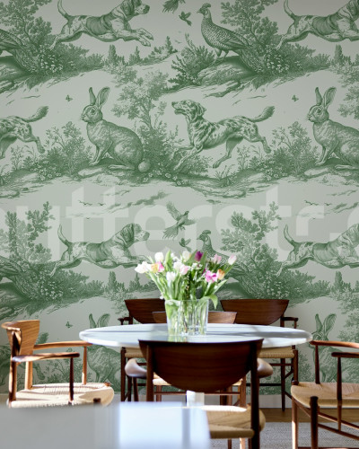Tapet cu design rural verde Richmond, cu câini și iepuri