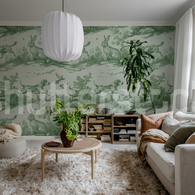 Tapet cu design rural verde Richmond, cu câini și iepuri