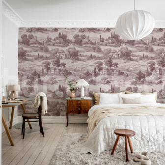 Tapet cu peisaj rustic roșu într-un dormitor elegant