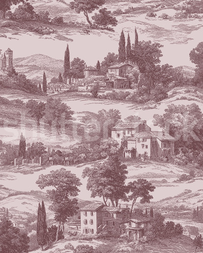 Tapet cu peisaj rustic roșu într-un dormitor elegant