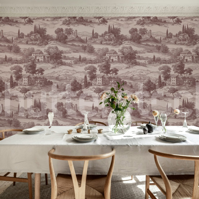 Tapet cu peisaj rustic roșu într-un dormitor elegant