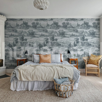 Tapet decorativ cu peisaj rural albastru într-un dormitor elegant