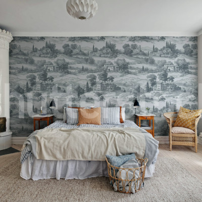 Tapet decorativ cu peisaj rural albastru într-un dormitor elegant