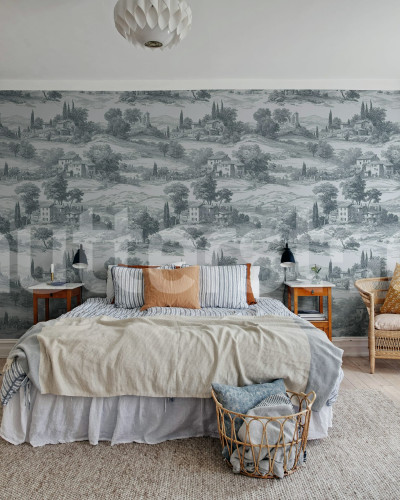 Tapet decorativ cu peisaj rural albastru într-un dormitor elegant