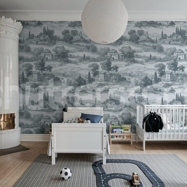 Tapet decorativ cu peisaj rural albastru într-un dormitor elegant