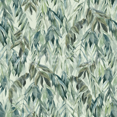 Tapet decorativ cu ramuri verde-argintii într-un living elegant.