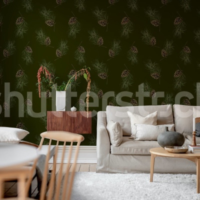 Tapet cu conuri de pin pe fond verde închis într-un living modern