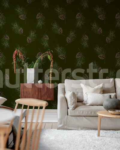 Tapet cu conuri de pin pe fond verde închis într-un living modern