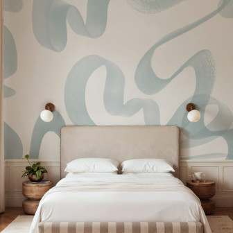 Fototapet cu valuri albastre într-un dormitor modern