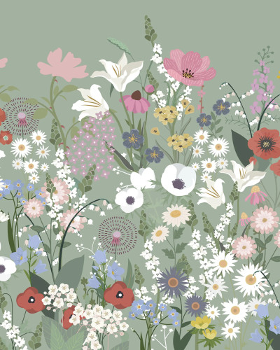 Fototapet cu un design floral bogat, pe un fundal verde deschis, cu flori de diverse culori și forme, inclusiv liliac, crini, margarete și maci.
