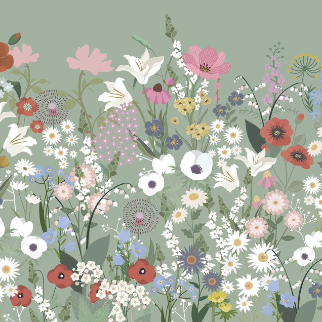 Fototapet cu un design floral bogat, pe un fundal verde deschis, cu flori de diverse culori și forme, inclusiv liliac, crini, margarete și maci.