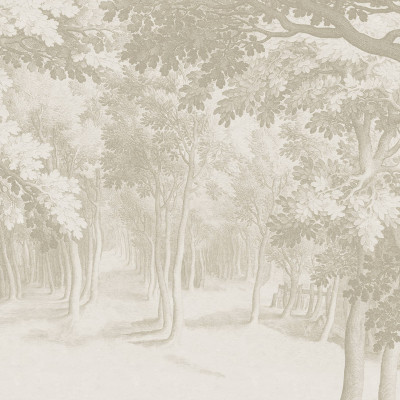 Fototapet Forest Engraving, Beige într-un dormitor modern cu pat bej și alb, noptiere din lemn și covor pufos. Peretele din spate este acoperit cu un tapet bej deschis, cu ilustrația detaliată a unei păduri stilizate, creând o ambianță calmă și naturală.
