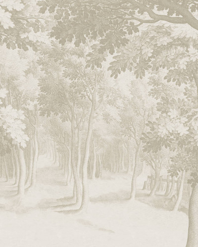 Fototapet Forest Engraving, Beige într-un dormitor modern cu pat bej și alb, noptiere din lemn și covor pufos. Peretele din spate este acoperit cu un tapet bej deschis, cu ilustrația detaliată a unei păduri stilizate, creând o ambianță calmă și naturală.