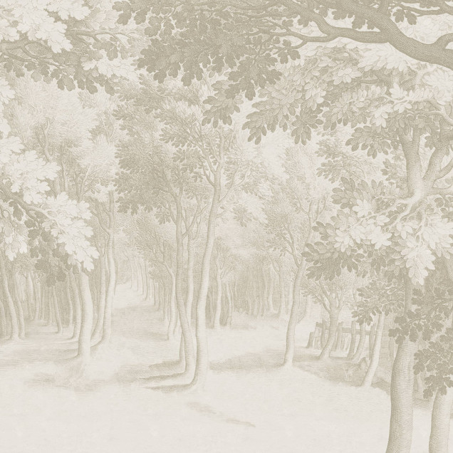 Fototapet Forest Engraving, Beige într-un dormitor modern cu pat bej și alb, noptiere din lemn și covor pufos. Peretele din spate este acoperit cu un tapet bej deschis, cu ilustrația detaliată a unei păduri stilizate, creând o ambianță calmă și naturală.