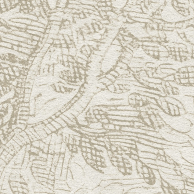 Fototapet Forest Engraving, Beige într-un dormitor modern cu pat bej și alb, noptiere din lemn și covor pufos. Peretele din spate este acoperit cu un tapet bej deschis, cu ilustrația detaliată a unei păduri stilizate, creând o ambianță calmă și naturală.