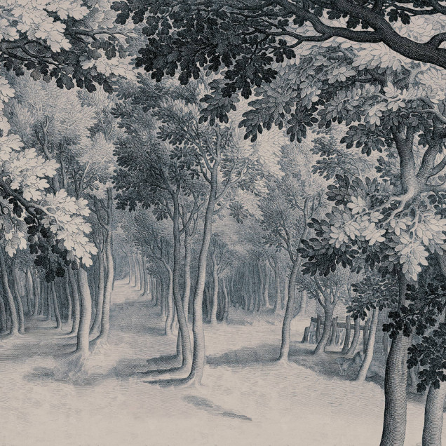 Living elegant cu fototapet tip gravură Forest Engraving, Blue, reprezentând o pădure detaliată. Canapea bej, măsuță din piatră și pardoseală din lemn.