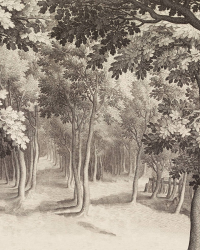 Fototapet cu un design detaliat de pădure, în stil gravură vintage, acoperind peretele unei sufragerii moderne.