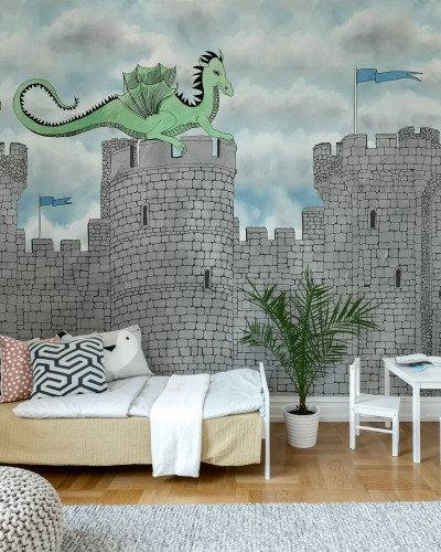 Fototapet cu dragon care zboară deasupra unui castel, ilustrație pentru copii