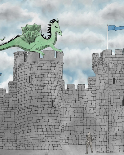 Fototapet cu dragon care zboară deasupra unui castel, ilustrație pentru copii
