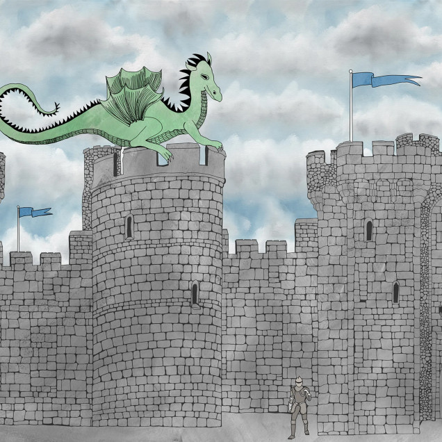 Fototapet cu dragon care zboară deasupra unui castel, ilustrație pentru copii