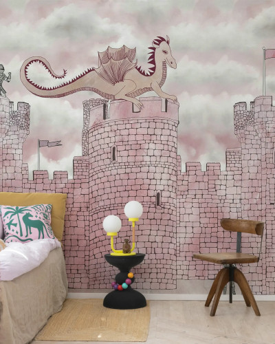 Fototapet cu un castel roz, dragon si cavaleri, pe un fundal ceresc cu nori roz.