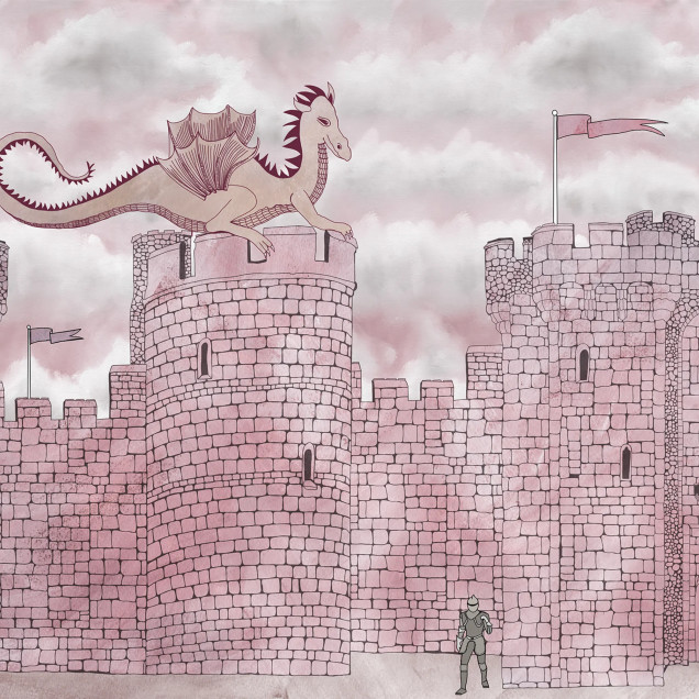 Fototapet cu un castel roz, dragon si cavaleri, pe un fundal ceresc cu nori roz.