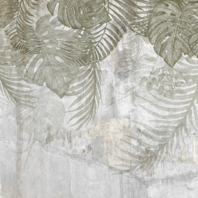 Fototapet Monstera Wall Green cu frunze tropicale verzi pe fundal texturat, într-un interior modern cu zona de luat masa.