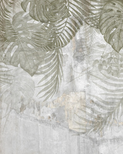 Fototapet Monstera Wall Green cu frunze tropicale verzi pe fundal texturat, într-un interior modern cu zona de luat masa.