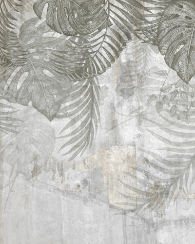 Fototapet Monstera gri în dormitor, cu pat bej și perete texturat ce ilustrează frunze tropicale.