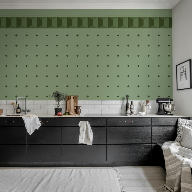 Tapet verde cu model geometric într-o sufragerie elegantă