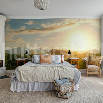 Fototapet cu peisaj de dealuri la răsărit într-un dormitor