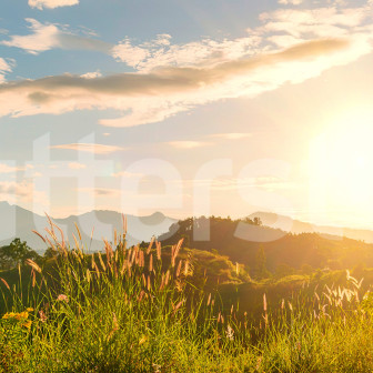 Fototapet cu peisaj de dealuri la răsărit într-un dormitor