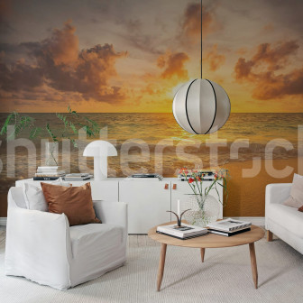 Fototapet cu răsărit la mare într-un living modern
